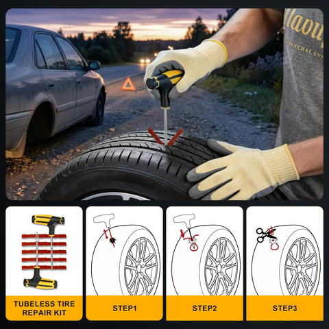 Kickstart Any Ride Smooth Today With This 6000A Auto Battery Booster And Dual Cylinder Tire Inflator shows tire repair steps with tools in use outdoors.