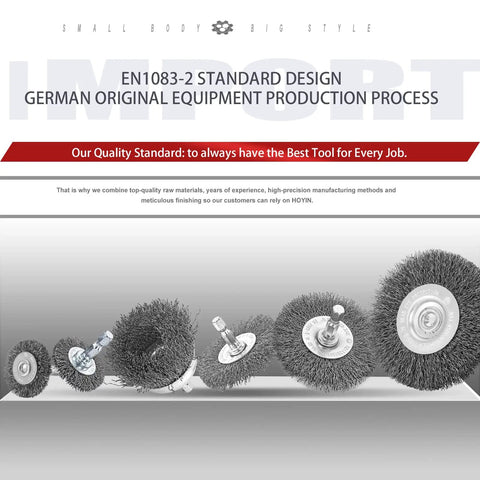 Six Piece Drill Wire Wheel Cup Brush Set With Coarse Crimped Wire 0.010 Inch Thick Face in various sizes on display