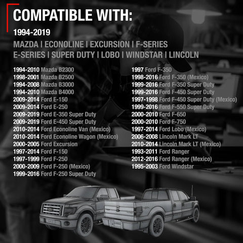 Compatibility chart for Upgraded Metal Window Crank Handle showing Mazda and Ford models, including F-Series and Ranger, 1994-2019.