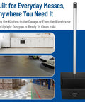 Heavy Duty Upright Dustpan With 30 Inch Aluminum Handle Locking Yoke Serrated Broom Lip Stand Up commercial use in kitchen, garage, warehouse.