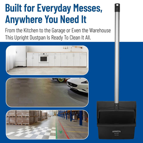Heavy Duty Upright Dustpan With 30 Inch Aluminum Handle Locking Yoke Serrated Broom Lip Stand Up commercial use in kitchen, garage, warehouse.