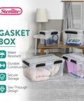 Built Like A Tank 34 Quart Gasket Storage Boxes With Lids heavy duty clear plastic bins stacked on a table with various items inside.