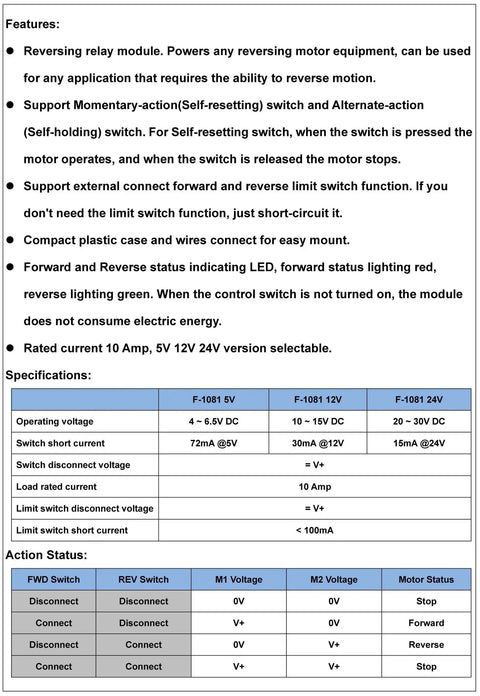 Features and specifications chart for 12V Reversing Relay Module for Motors and Actuators, highlighting key functions and technical details.
