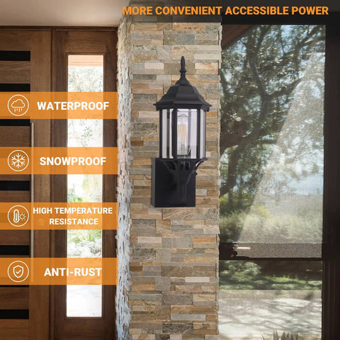 Dusk To Dawn Sensor Outdoor Wall Lantern With Built In GFCI Outlet on stone wall, showcasing durability and weatherproof features.