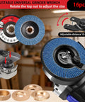 16 Piece Wood Carving Disc Kit For 4 Inch And 4.5 Inch Angle Grinders with arbor adapter, shown with discs and wrench in workshop.