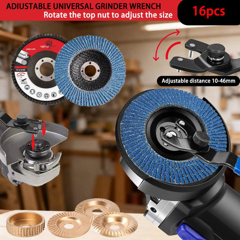 16 Piece Wood Carving Disc Kit For 4 Inch And 4.5 Inch Angle Grinders with arbor adapter, shown with discs and wrench in workshop.