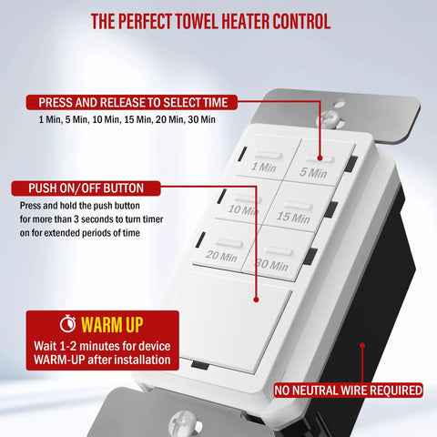 30 Minute No Neutral Countdown Timer Switch For Lights, Fans And Heaters, Auto Off Options In 1 5 10 15 20 Or 30 Minutes