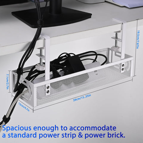 Under Desk Cable Management Tray Small Clamp-Mounted Wire Organizer Cord Holder No-Drill Metal Tray For Home Office White