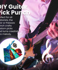 DIY Guitar Pick Punch Gift Kit With Leather Key Chain Holder, 4 Starter Strips, A Handy File, Blue Punch with guitarist
