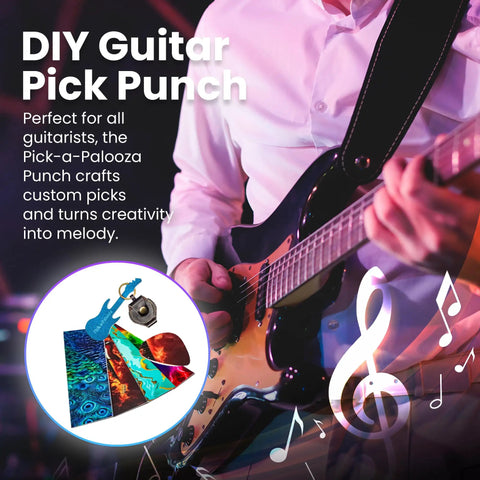 DIY Guitar Pick Punch Gift Kit With Leather Key Chain Holder, 4 Starter Strips, A Handy File, Blue Punch with guitarist