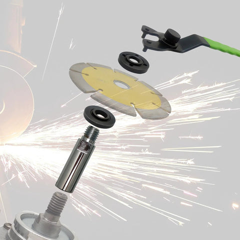 Exploded view of Pro Grade Angle Grinder Extension Shaft Kit With 3 Inch, 4 Inch, And 5.5 Inch Rods, Adjustable Wrench and Flange Nut Set