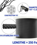 Diagram view of One Eighth Inch Black Stainless Steel Cable Wire Rope Beefy 250 Ft T316 Marine Grade 7x7 Strand for deck railing.
