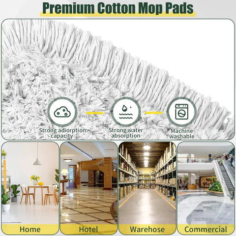 Premium cotton mop pads with strong water absorption, machine washable for Heavy Hitting Commercial Cotton Dust Mop.