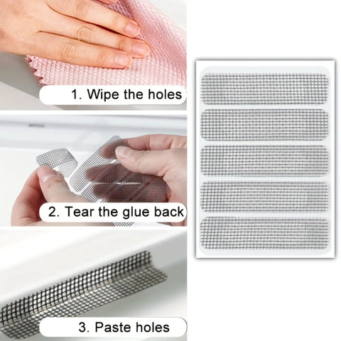 50 Piece Window Screen Repair Kit With Self Adhesive Patches And Mesh No Tools Needed For Door And Window Screens Easy To Use Fix Kit For Home Repairs Keeps Bugs Out And Screens Looking Great, showing application steps and patch assortment.
