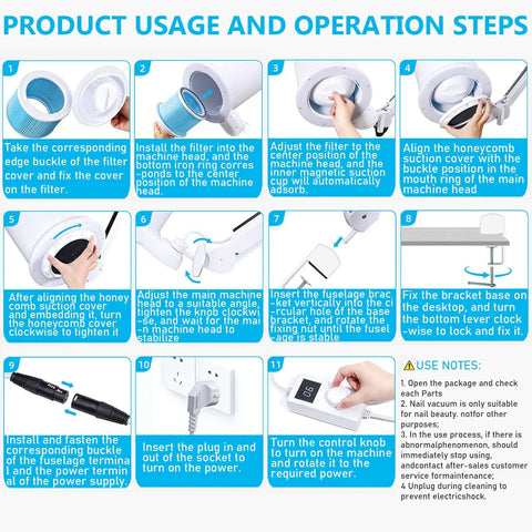 Installation steps for 80W Pro Grade Nail Dust Collector With Adjustable Suction And Built In Lighting, Low Noise Vacuum