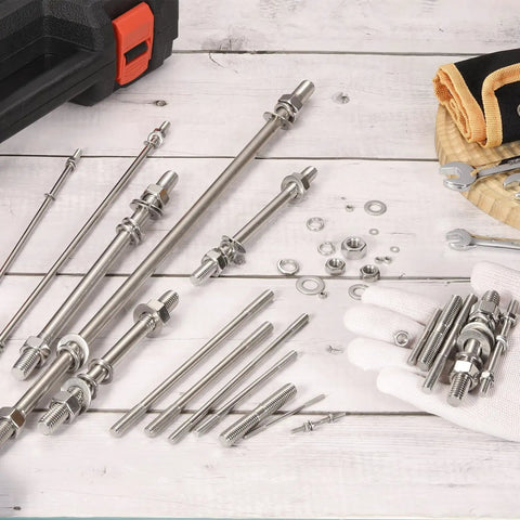 4 Pack M8x75mm Double Ended Stud Screws In 304 Stainless Steel For Home Improvement And Structural Anchoring with nuts and washers.