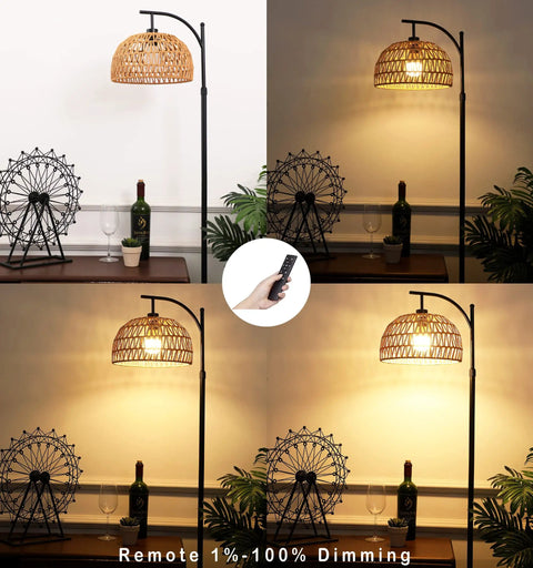 Rattan Floor Lamp With Remote For Living Room And Bedroom Boho Chic Dimmable Standing Lamp With Wicker Handcrafted Bamboo Shade Black Industrial Modern Tall Lamp For Farmhouse Rustic Style