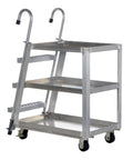 Top Shelf Aluminum Stock Picker Cart With Built In Steel Step Ladder 1000 Lb Max Payload Rating double shelf viewed from side with wheels.