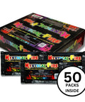 Box labeled Mystical Fire with three packets in front, 50 packs inside, Color Changing Fire Packets For Campfires And Fire Pits, 50 Count.