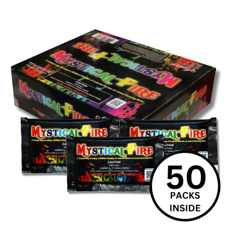 Box labeled Mystical Fire with three packets in front, 50 packs inside, Color Changing Fire Packets For Campfires And Fire Pits, 50 Count.