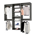 Sleek Modular Closet Organizer Wall Mounted Kit With Heavy Duty Hanging Rods Adjustable Shelves Smooth Glide Rails Grey Finish No Sweat Installation Organization System, showcasing clothes and shoes on shelves.
