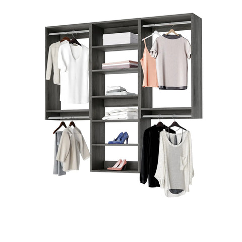 Sleek Modular Closet Organizer Wall Mounted Kit With Heavy Duty Hanging Rods Adjustable Shelves Smooth Glide Rails Grey Finish No Sweat Installation Organization System, showcasing clothes and shoes on shelves.