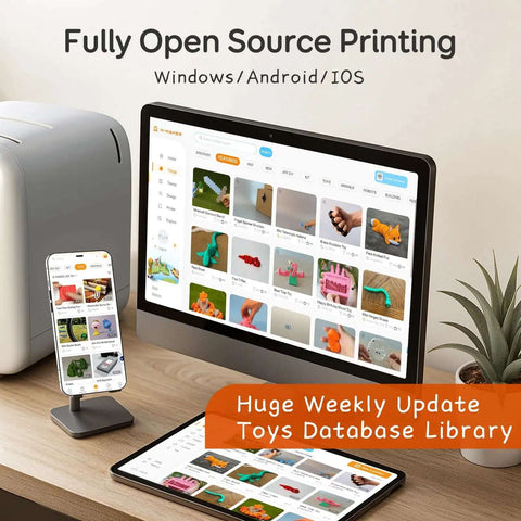 AI Powered 3D Printer For Kids With 8 PLA Filament Set And AI Design App on desktop showing toy library with tablet and smartphone