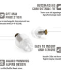 High Fidelity Musician Earplugs With Two Interchangeable Filters 19 and 22 dB For DJs Guitarists and Drummers features diagram