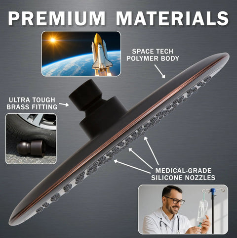 9 Inch Rainfall Waterfall Showerhead With Self Clean Nozzles For A Full Body Drench High Flow 2.5 GPM Oil Rubbed Bronze Ceiling Mounted With Extension Arm showing premium materials including space tech polymer body and medical-grade silicone nozzles.