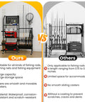 Comparison between 3 Tier Fishing Pole Rack With Lockable Wheels Holds Up To 18 Rods And Keeps Gear Handy and another rack