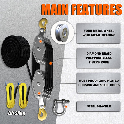 Upgraded Rope Hoist Pulley System 4400 Lbs Block And Tackle Kit With 304 Stainless Steel Shackle and Two Lift Slings image