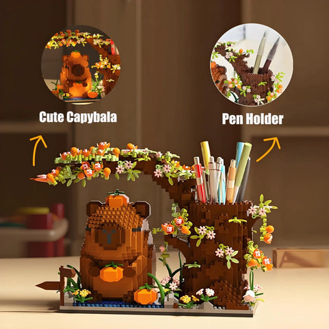 Epic 1880 Piece Capybara Themed Building Blocks Set For Kids And Adults, Cute Animal And Flower Construction Bricks Kit, Includes Pen Holder Desk Organizer, Dope Arts And Crafts Gift For Makers. Capybara desk organizer with flowers and pens