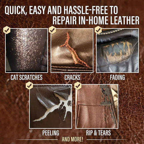 Image showing damage types like cat scratches, cracks, peeling, and fading for the Slick Legit Leather And Vinyl Repair Kit For Couch Furniture Sofa Chair And Seats Featuring Realistic Brown Shade Mixing Tools For Smooth Invisible Touch Ups That Hold Tight All Day Long.