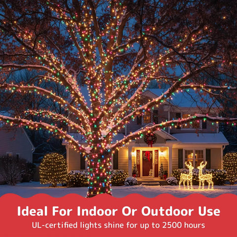 Outdoor Christmas String Lights With Green Wire 100 Count 20 Ft Multicolor Incandescent illuminating a house and tree.