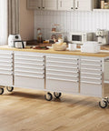 96 Inch Rolling Tool Chest With 24 Drawers For Serious DIYers And Pro Shops, Solid Rubber Wood Workbench Top, Locking Wheels And Key Lock