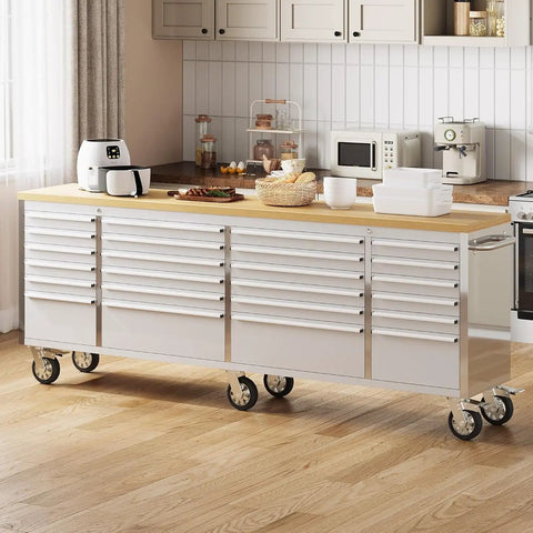 96 Inch Rolling Tool Chest With 24 Drawers For Serious DIYers And Pro Shops, Solid Rubber Wood Workbench Top, Locking Wheels And Key Lock