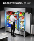Heavy Duty Three Door Commercial Refrigerator Seventy Two Cubic Feet stainless steel fridge with doors open displaying food products.
