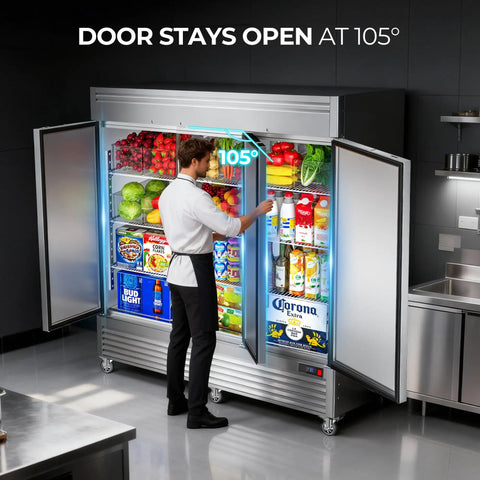Heavy Duty Three Door Commercial Refrigerator Seventy Two Cubic Feet stainless steel fridge with doors open displaying food products.