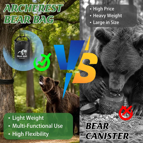Waterproof 10L Bear Bag Hanging Kit in tree compared to bear canister