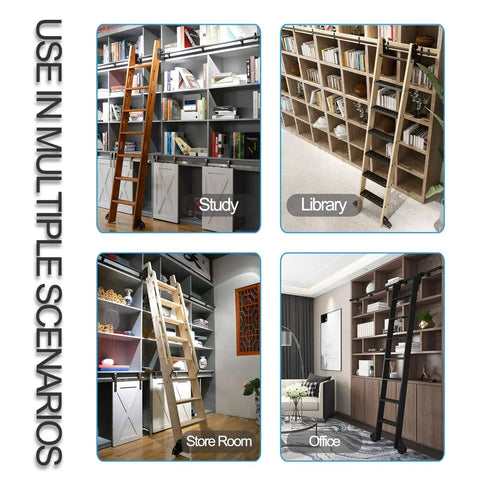 Sliding Ladder Hardware Kit For Steel Rolling Ladders With Track And Floor Roller Wheels, Fits 3.3ft To 20ft Systems, Rustproof Durable Track Kit, Ideal For Library Garage And Home Use, All Black Finish installed in study, library, store room, and office settings