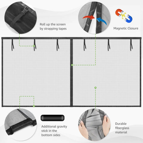 Heavy Duty 16x7 Ft Magnetic Garage Door Screen With Weighted Bottom For Two Car Garage, fiberglass mesh, magnetic closure