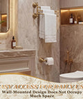Wall Mounted Antique Brass Bathroom Hardware Set Bringing A Straight Up Premium Vibe With A Rock Solid Three Arm Swivel Towel Rack and sleek toilet paper holder, elegant bathroom setting.