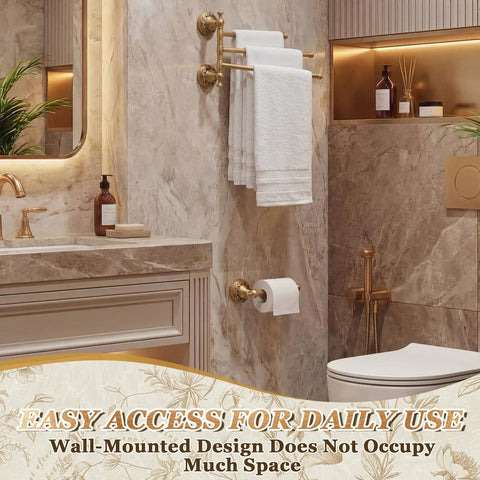 Wall Mounted Antique Brass Bathroom Hardware Set Bringing A Straight Up Premium Vibe With A Rock Solid Three Arm Swivel Towel Rack and sleek toilet paper holder, elegant bathroom setting.