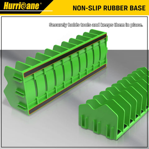 Image of a green 10 Slot Pliers Organizer Rack with non-slip rubber base, modular design, and expandable slots for tool storage.