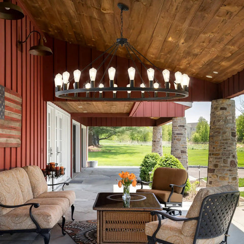53 Inch Farmhouse Wagon Wheel Chandelier With 24 Lights Rustic Black Round Ceiling Light for porch or outdoor living space