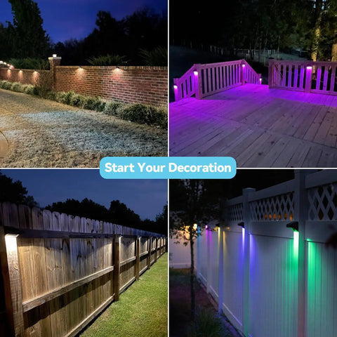 Solar Fence Lights Outdoor Waterproof LED Color Changing And Warm White Dope Color Options With 4 Modes For Backyard