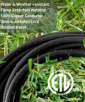50 Foot Black Outdoor Extension Cord With Six Evenly Spaced Outlets And Waterproof Cover in grass, ETL listed, weatherproof