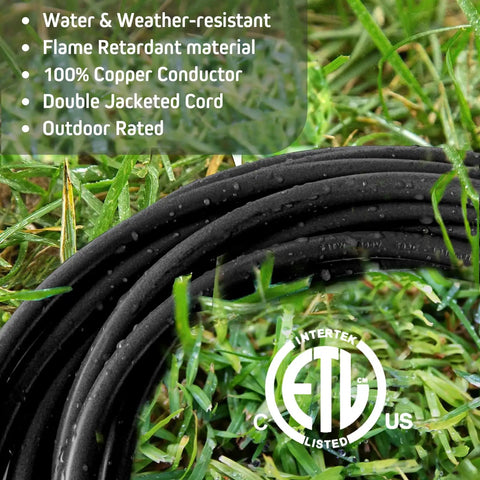 50 Foot Black Outdoor Extension Cord With Six Evenly Spaced Outlets And Waterproof Cover in grass, ETL listed, weatherproof