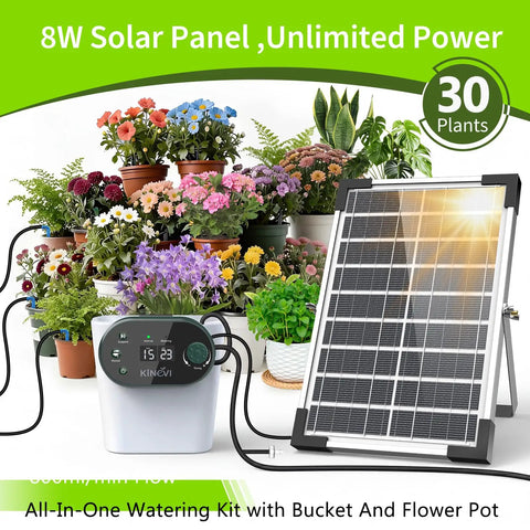 Solar Powered Drip Irrigation Kit For Up To 30 Pots With 8W Solar Power, Auto Watering, 22 Timing Modes, HD LED Display, AntiSiphon, IPX5 Water Resistant, Perfect For Outdoor Garden, Balcony Or Greenhouse
