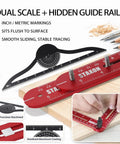 No Sweat Stair Tread Gauge Tool That Hits Marks Dead On With Extendable Folding Ruler And Hidden Screw Rail Guide For Fast Woodworking Layouts And Diy Step Projects, showing dual scale and mounting. 52-inch aluminum ruler.
